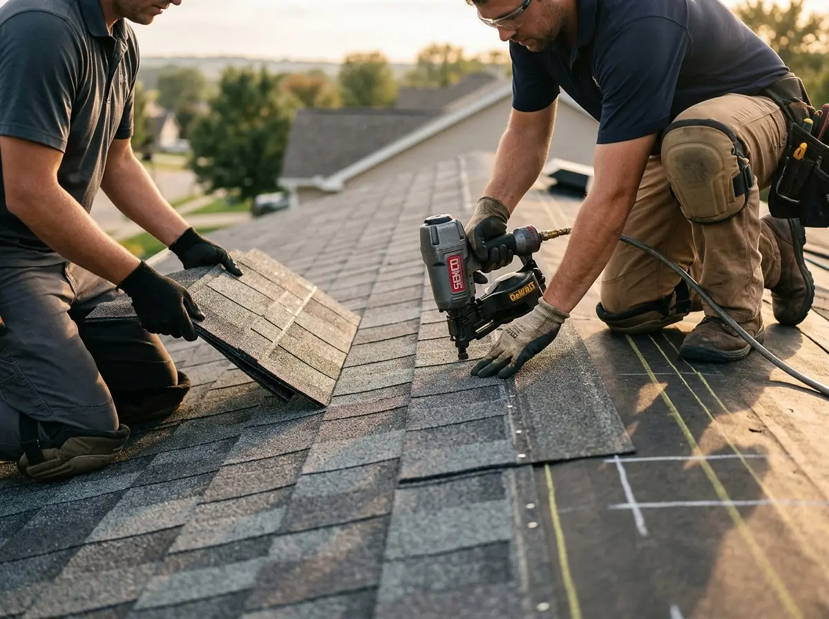 Professional roofer working on a residential roof in White Lake